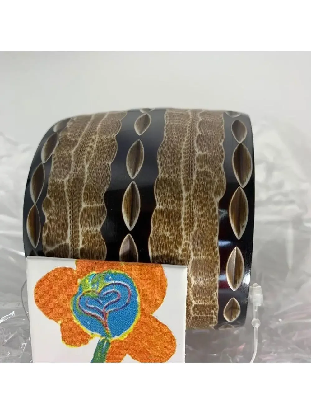 Wide Tribal Style Bangle Bracelet Brown & Black Pattern Resin Cuff Made in India